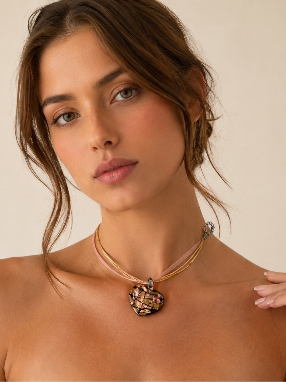Gold Pink Murano Style Art Glass Pendant Necklace Multi Cord Ribbon Choker
